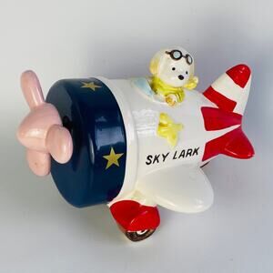 Sky Lark Airplane Porcelain Music Box Red White Blue Japan Puppy Pilot